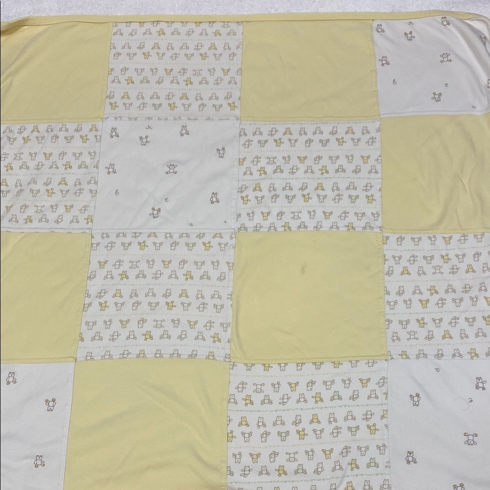 Vintage baby Healthtex Yellow and White square teddy bear cotton baby blanket